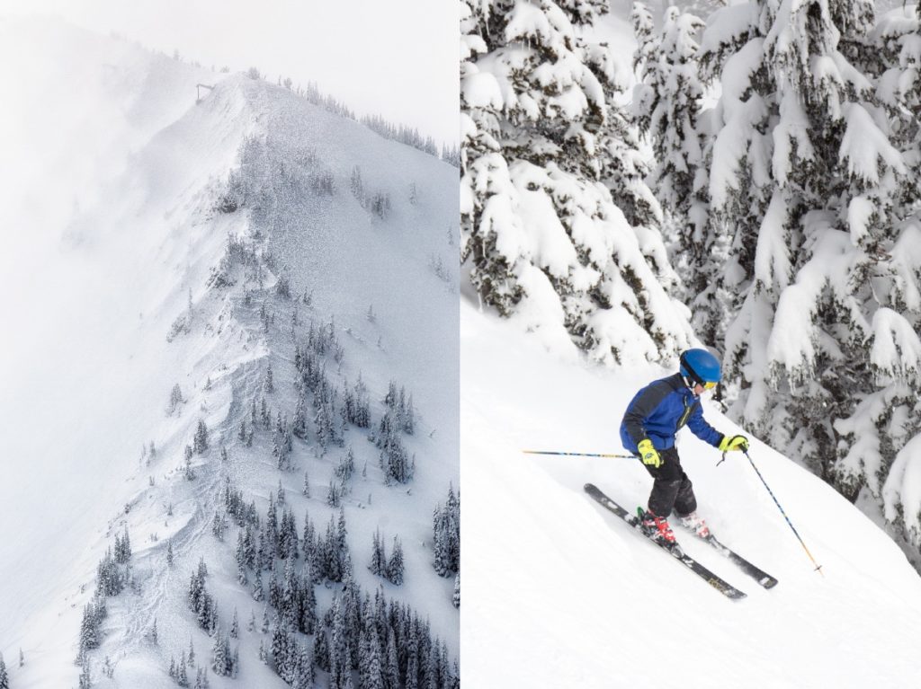 Snow covered mountain range with trees and skiing