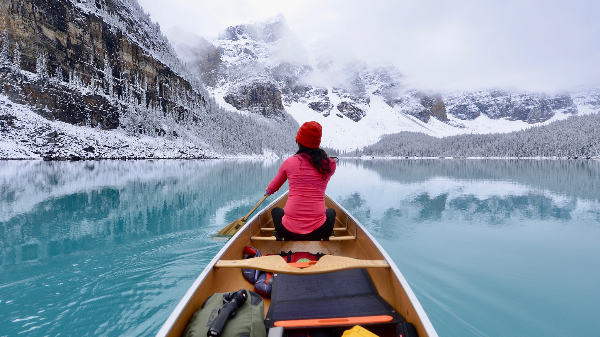 Airstream Ambassadors Gibbons Lake Boat Snow Mountains