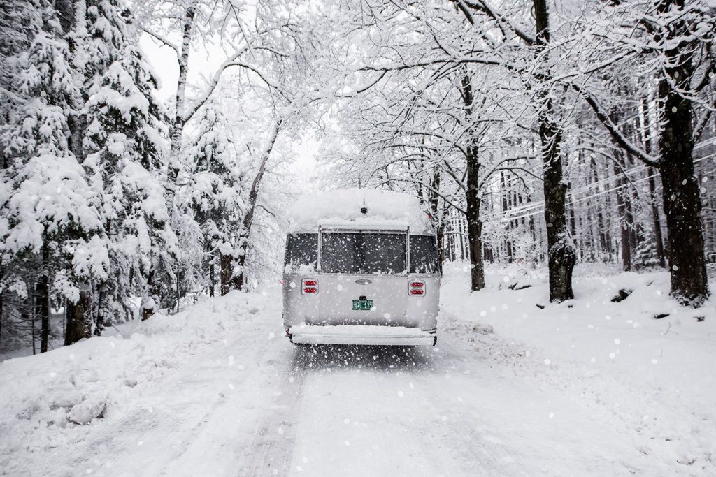 Airstream Travel Trailer Rear Snow Trees