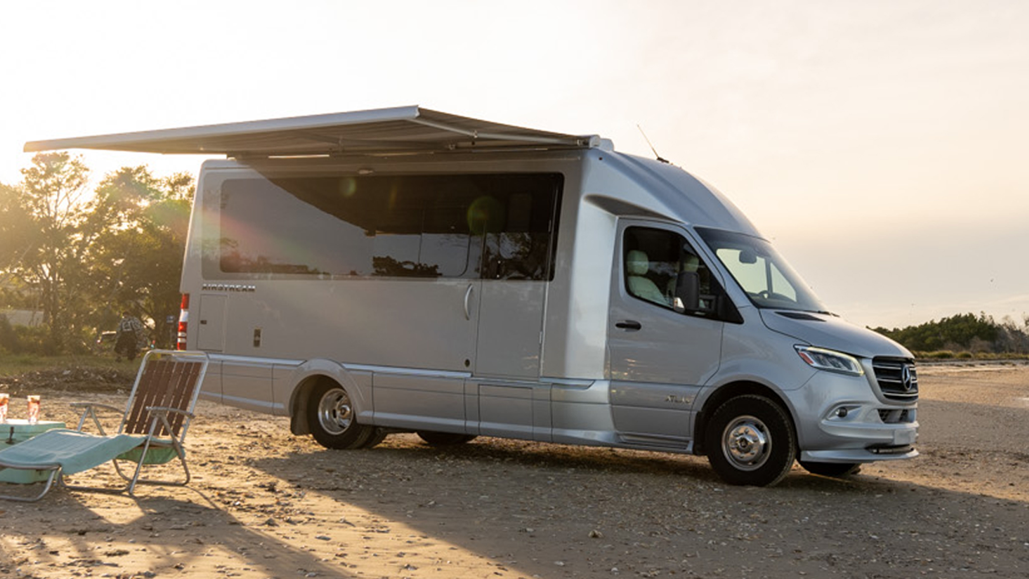 Airstream Atlas sitting on the beach