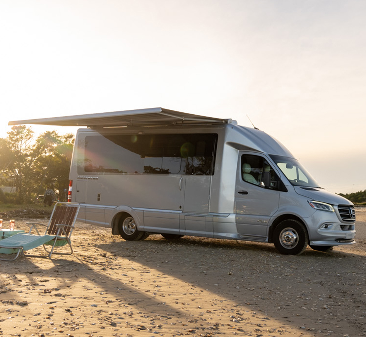 Airstream Atlas sitting on the beach