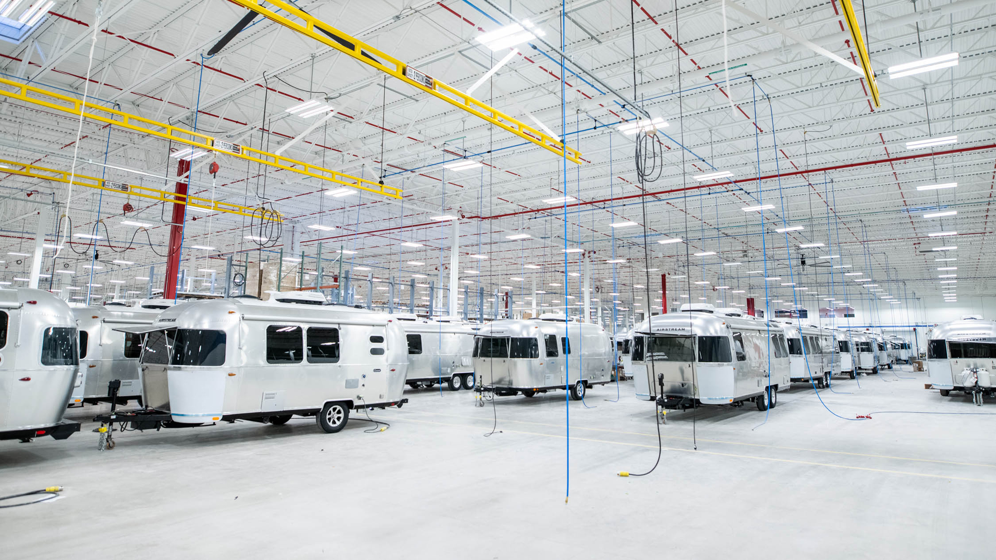 Airstream Travel Trailers lined up in the factory