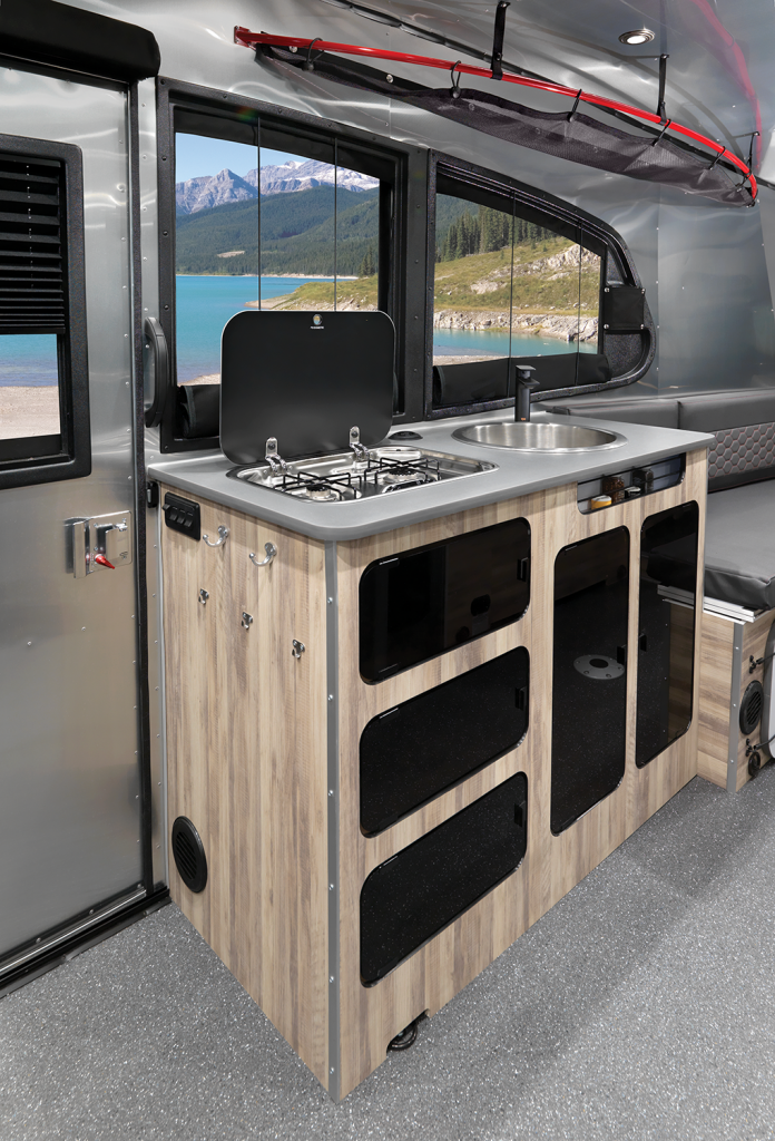 2021 Basecamp 20 Interior Red Rock Galley new sink uncovered WEB