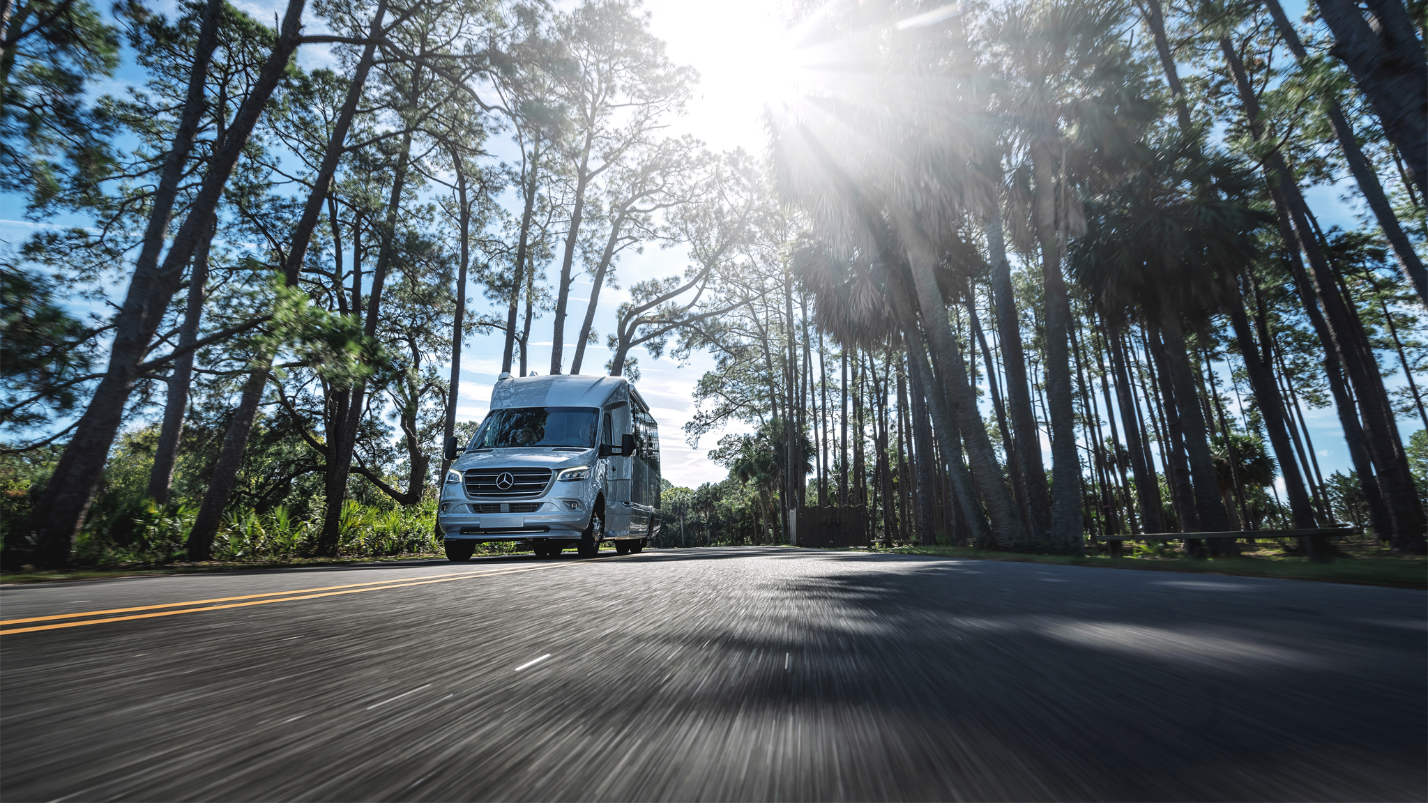 Airstream Class B Touring Coach driving down the road with palm trees and the sun shining through.