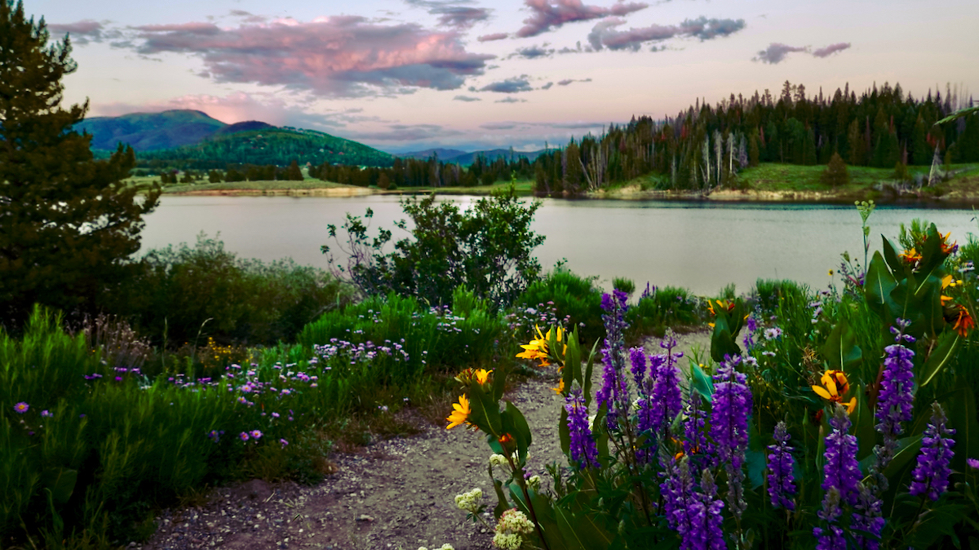 A landscape of mountains and a lake with many colorful flowers.