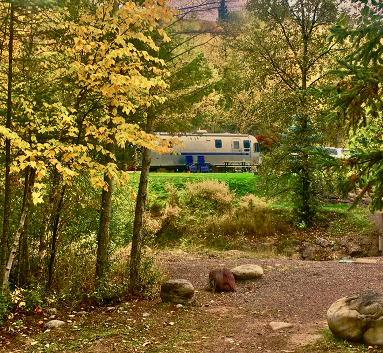 An Airstream Classic travel trailer parked in the woods with two chairs sitting outside.