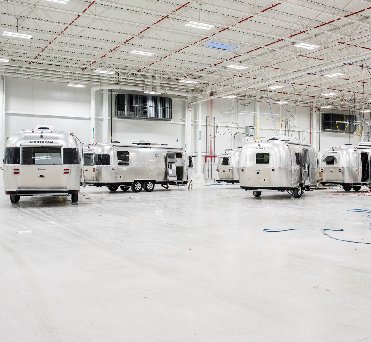 Airstream Travel Trailers being built down the line at the Airstream Production Facility in Jackson Center, Ohio.