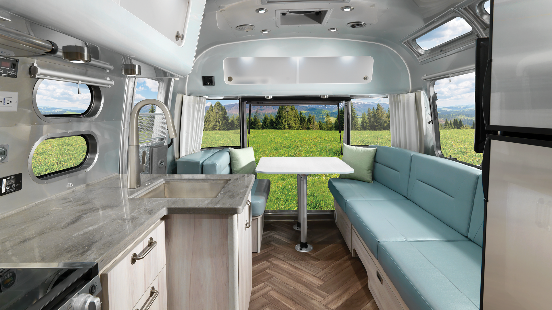 International Airstream travel trailer with aqua interior ultraleather