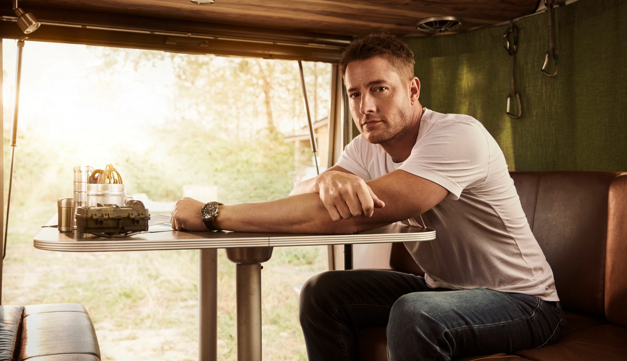Justin Hartley in Airstream Flying Cloud travel trailer featured in 'Tracker'