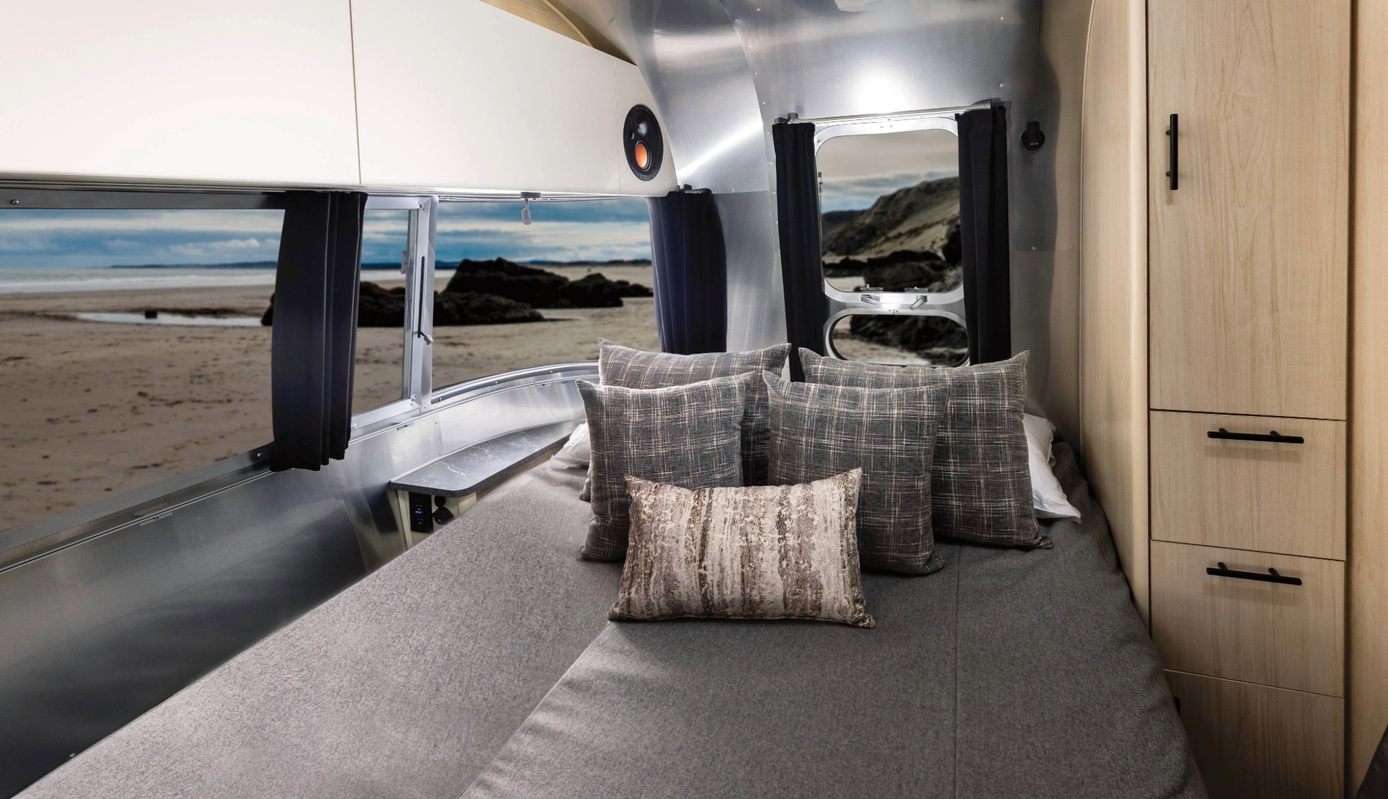 Interior image feature of the bedroom with the Airstream Midnight Flamingo Upgrade