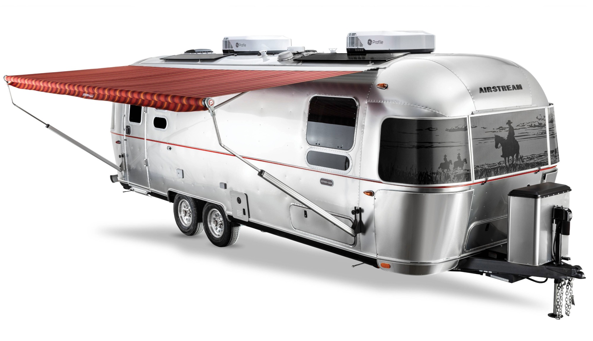 Birdeye 3/4 view of the Airstream Stetson + 6666s Limited Editon Travel Trailer with the awning out