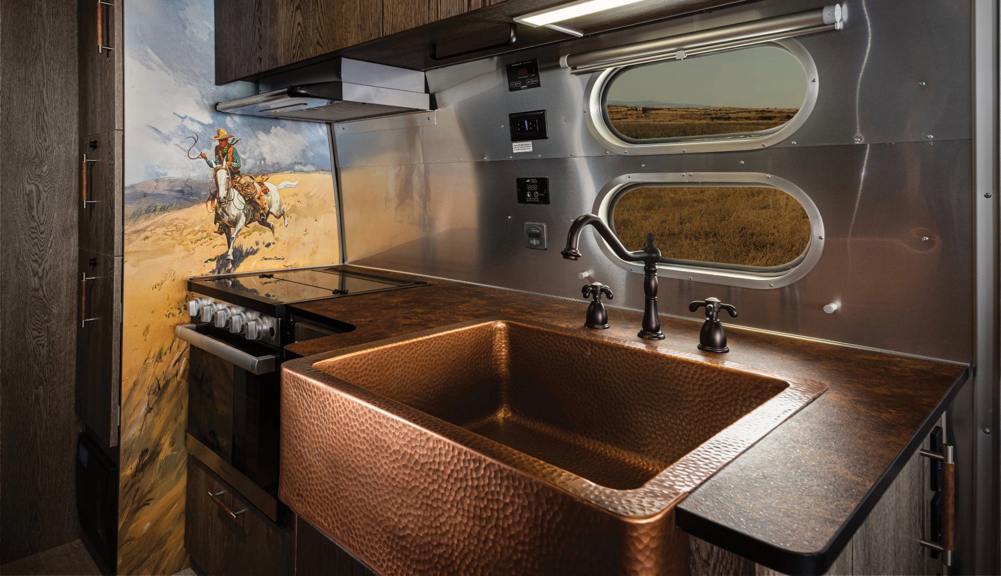 Closeup feature image of the galley and Copper Front Apron Farm Sink