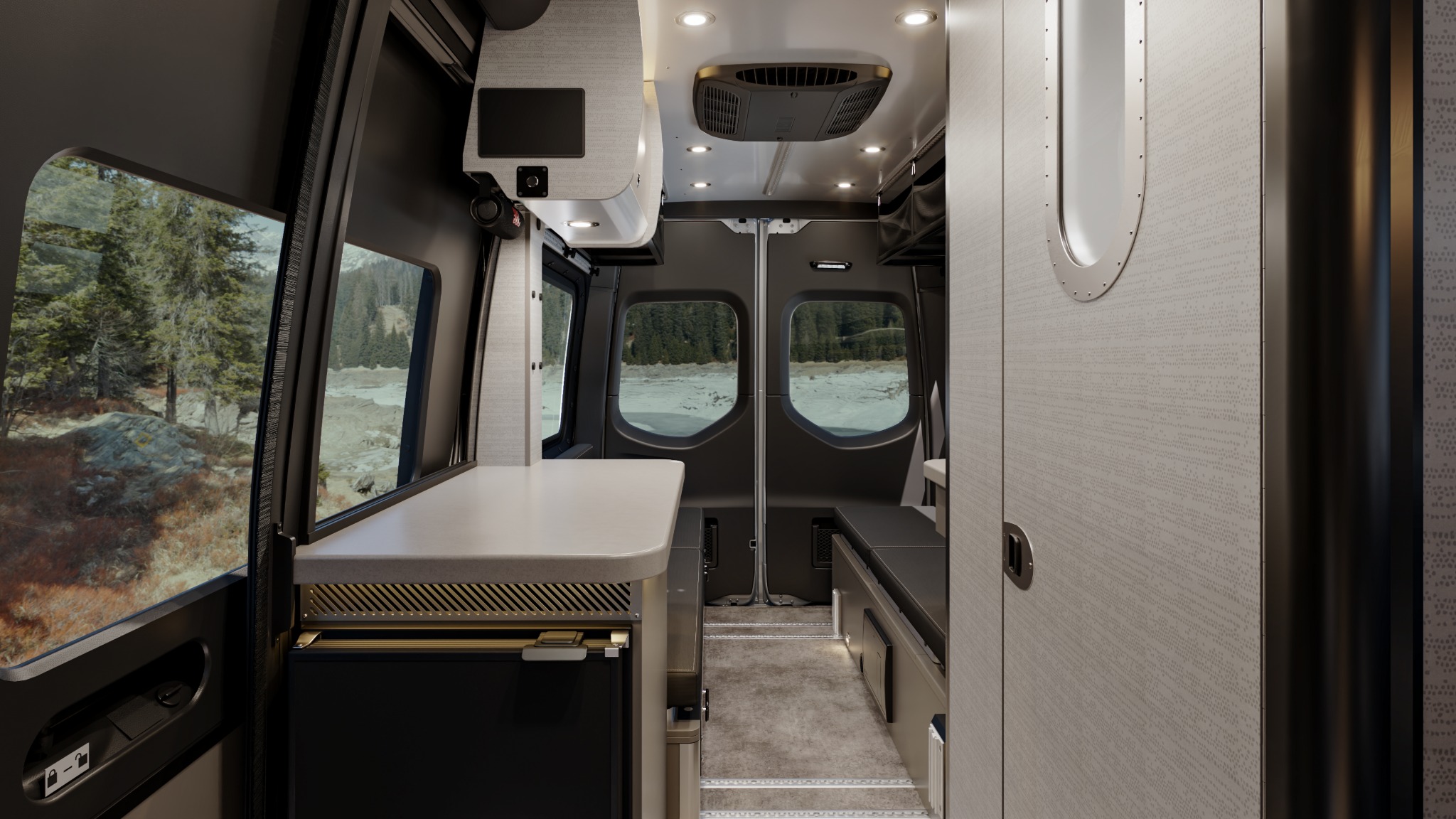 Airstream Interstate 19X Granite Ridge decore galley, lavey, and benches front to back view