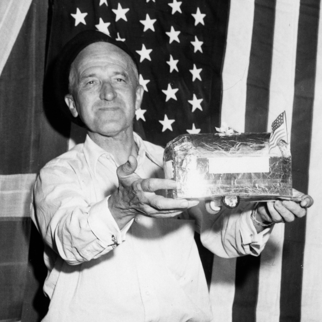 Wally Byam 1955 with Airstream Travel Trailer model