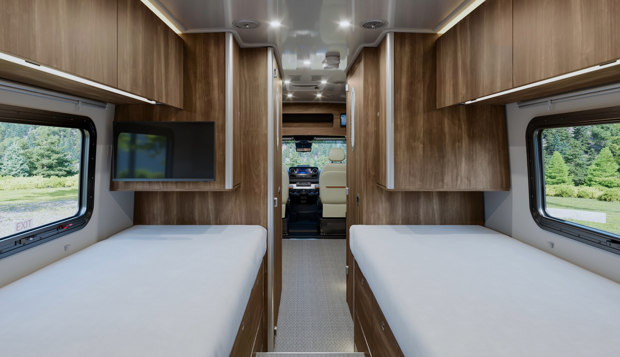 Atlas 25RT Twin beds, overhead storage, and smart tv with articulating-arm