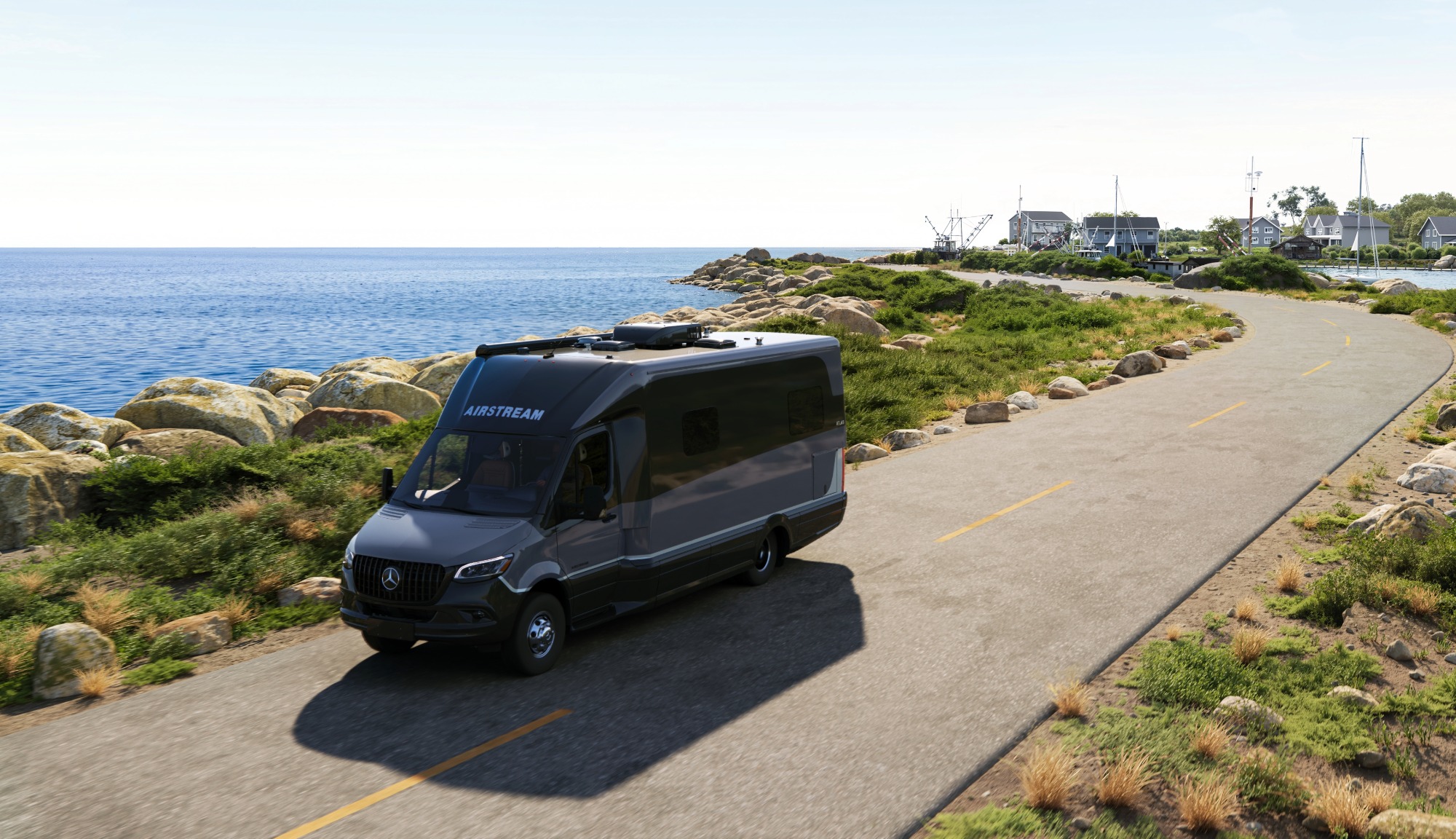 Atlas 25RT with Ultra Premium Tenorite Gray Paint driving on Maine coast