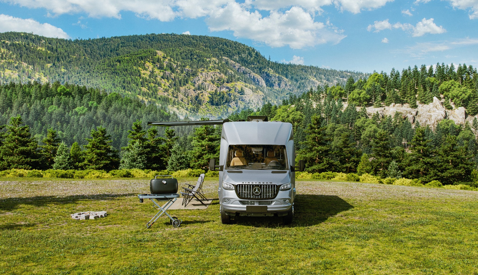 Atlas RT Hightech Silver Camping scene, featuring Airstream Supply Companies' Webber Grill