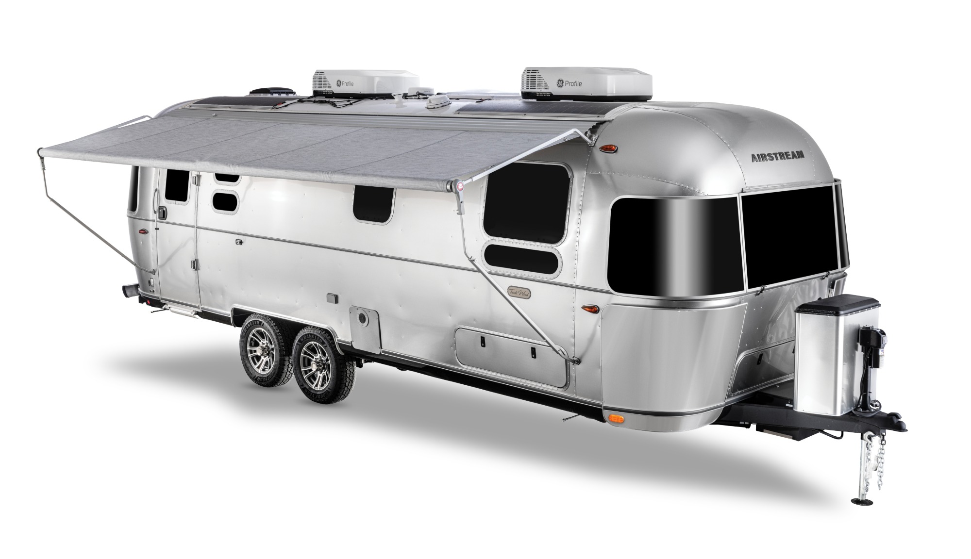 Airstream Trade Wind Travel Trailer 27 foot floorplan exterior studio image with awning extended