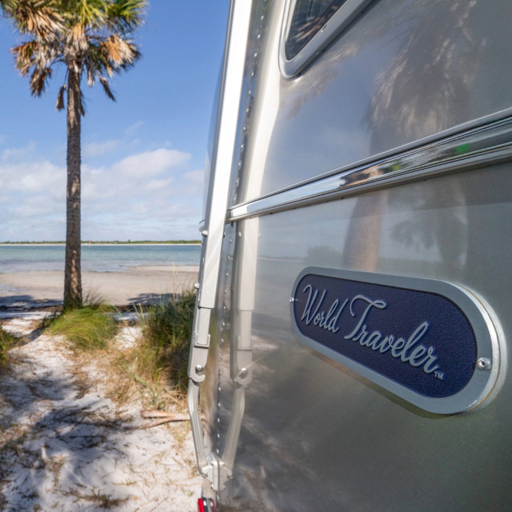 Closeup feature of the World Traveler exterior badging
