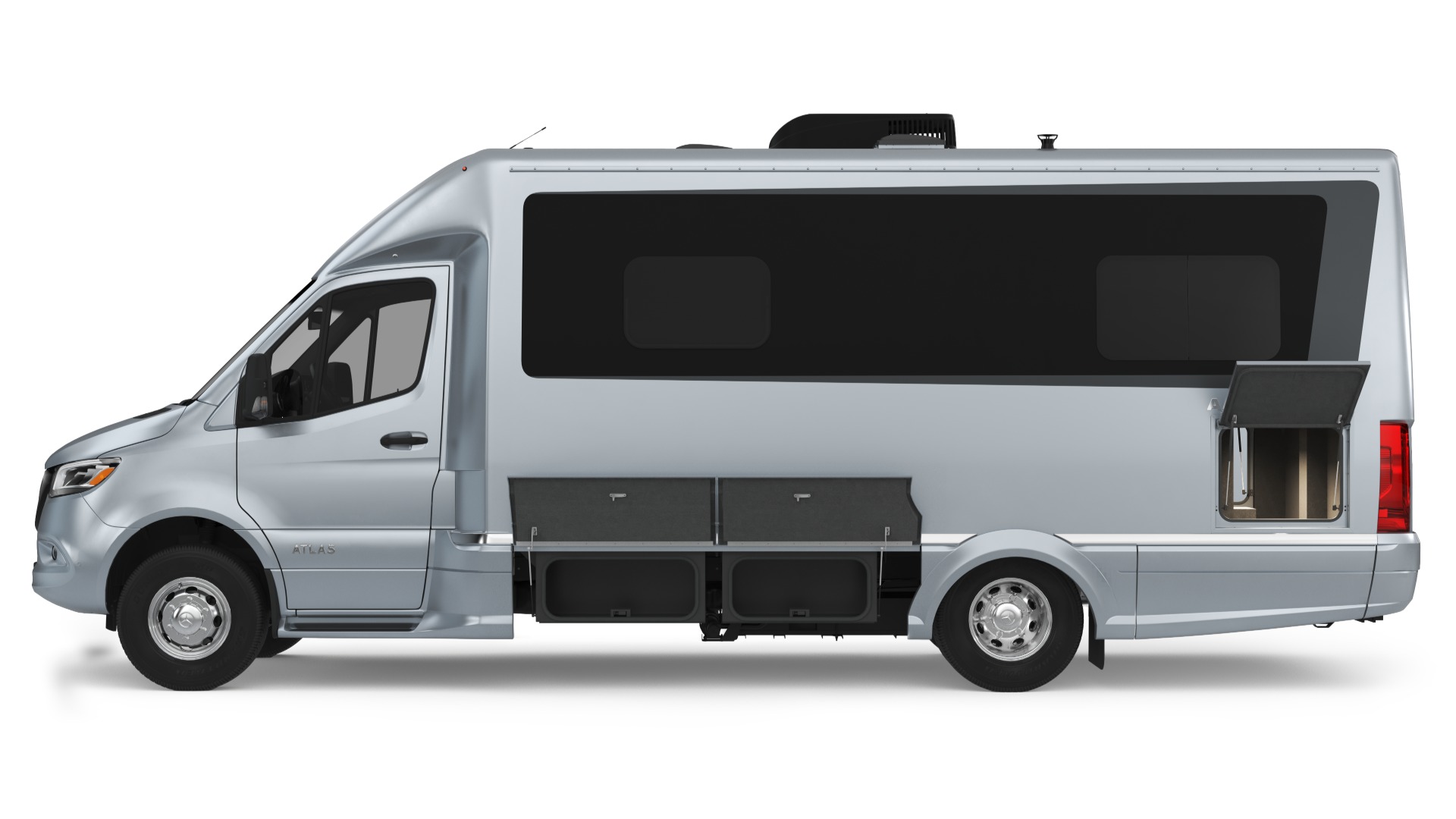 Atlas 25RT camper van with exterior storage compartments open