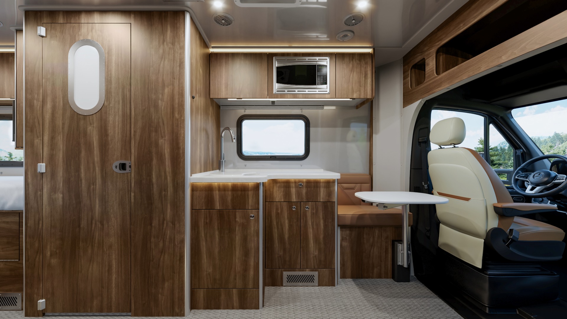 Interior galley and storage spaces in the Atlas 25RT Class B Camper Van