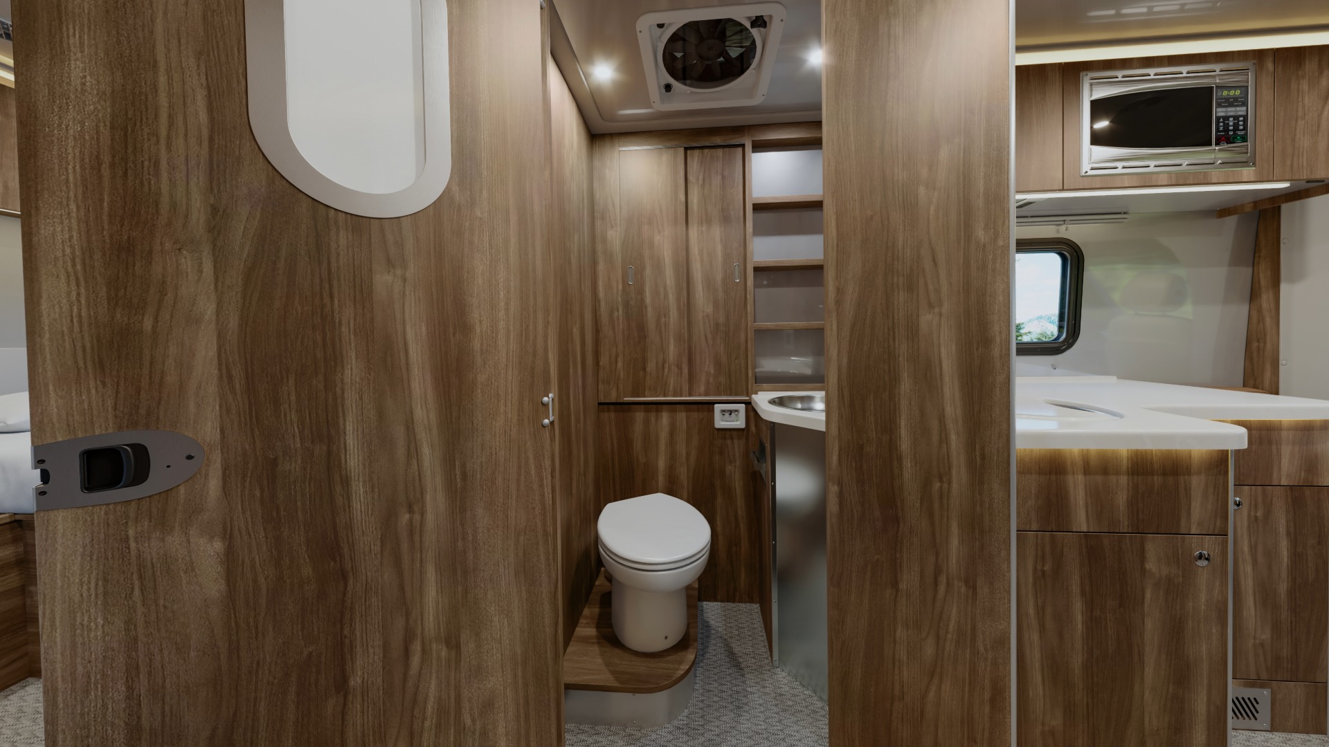 Airstream Atlas 25RT Class B Camper Van toilet split try bath and bathroom storage compartments