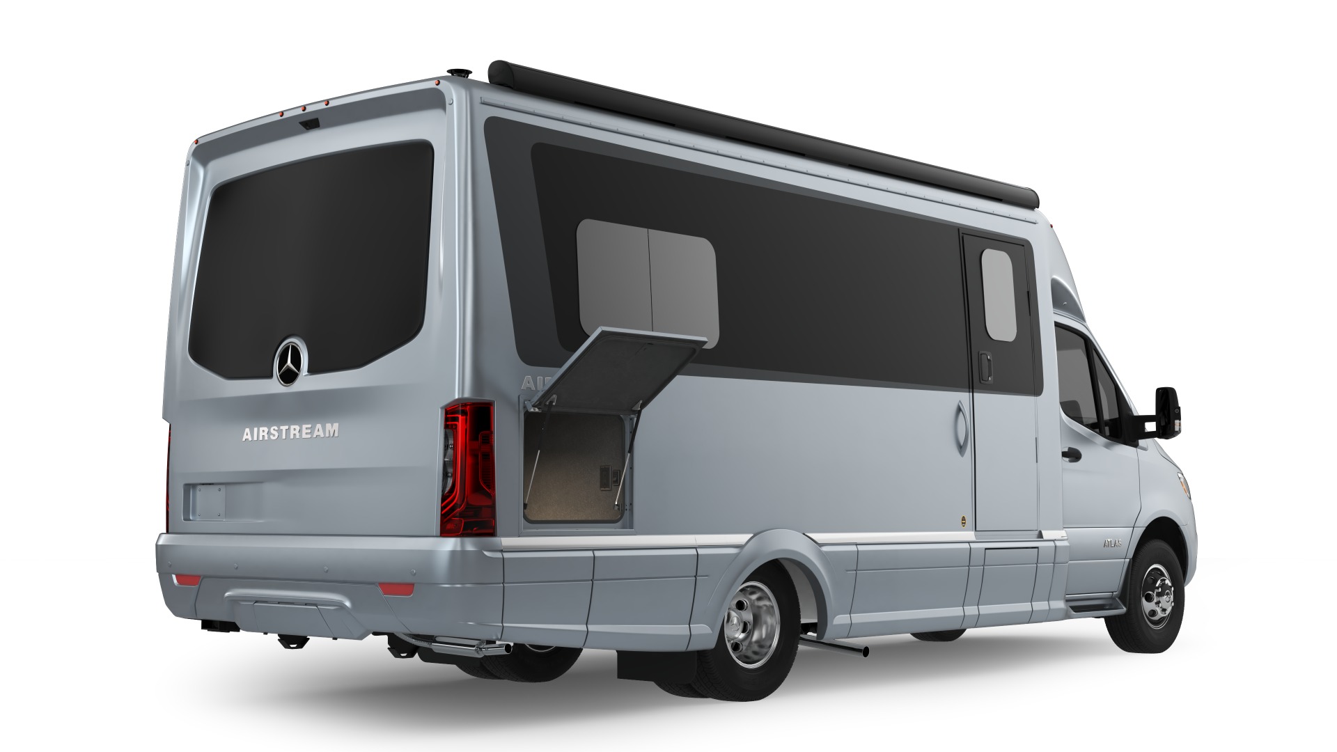 Exterior Atlas 25RT Camper Van with the garage pass through storage compartment open