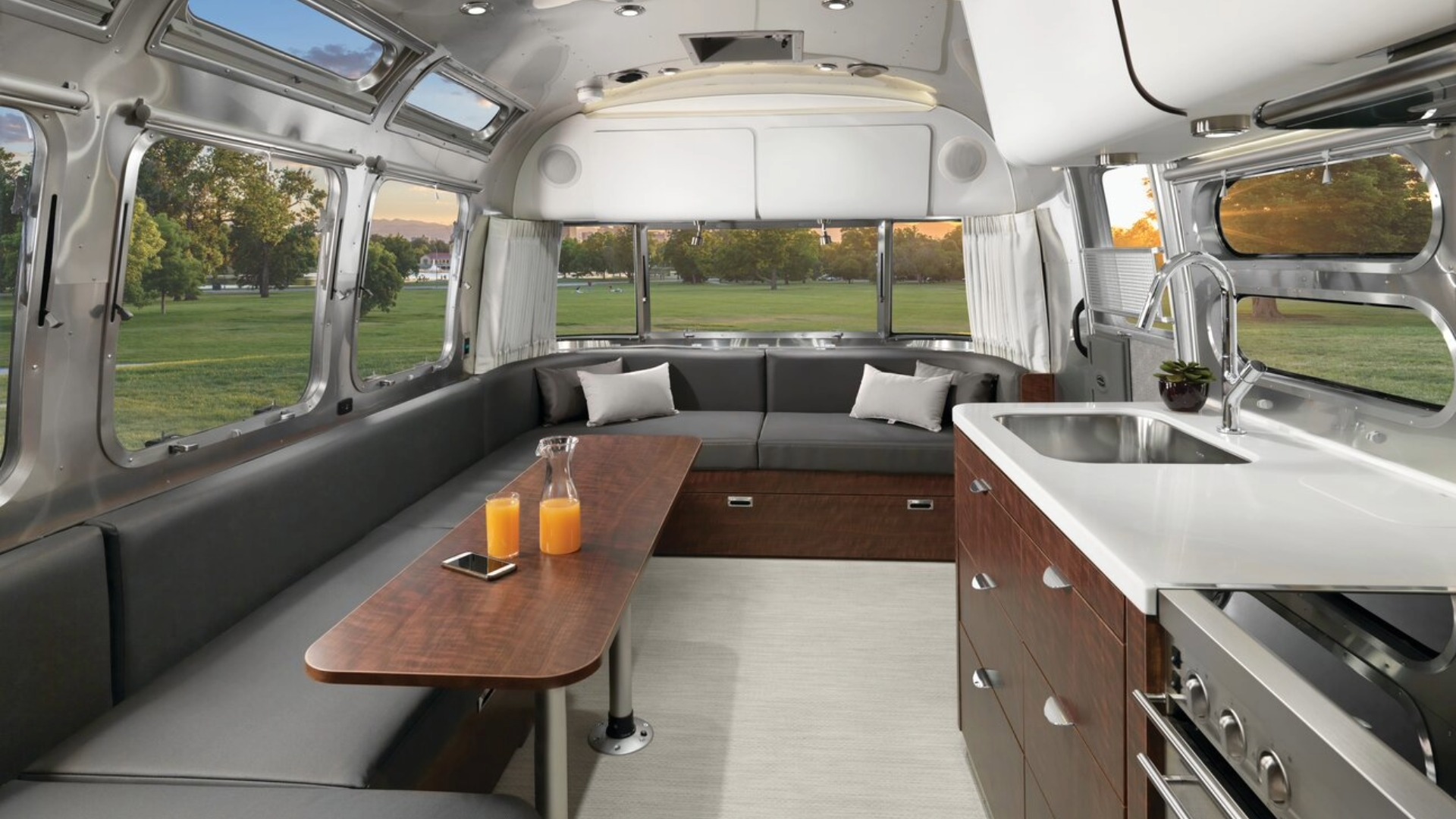 Airstream 30RB Globetrotter front to back image of the interior galley and lounge
