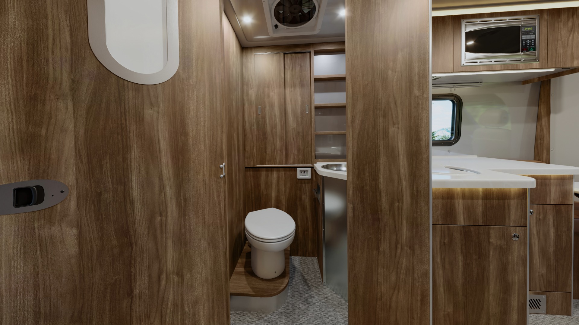 Atlas 25RT Amber Ridge split dry bath with the toilet and vanity storage