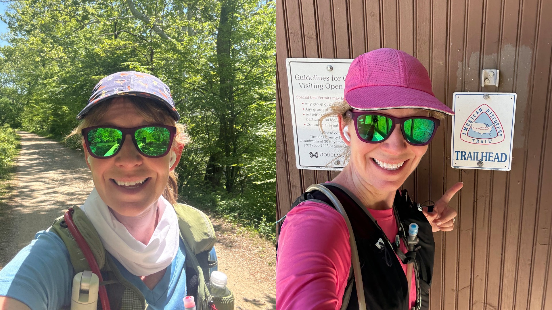 Side by side of woman taking a selfie while running on a trail